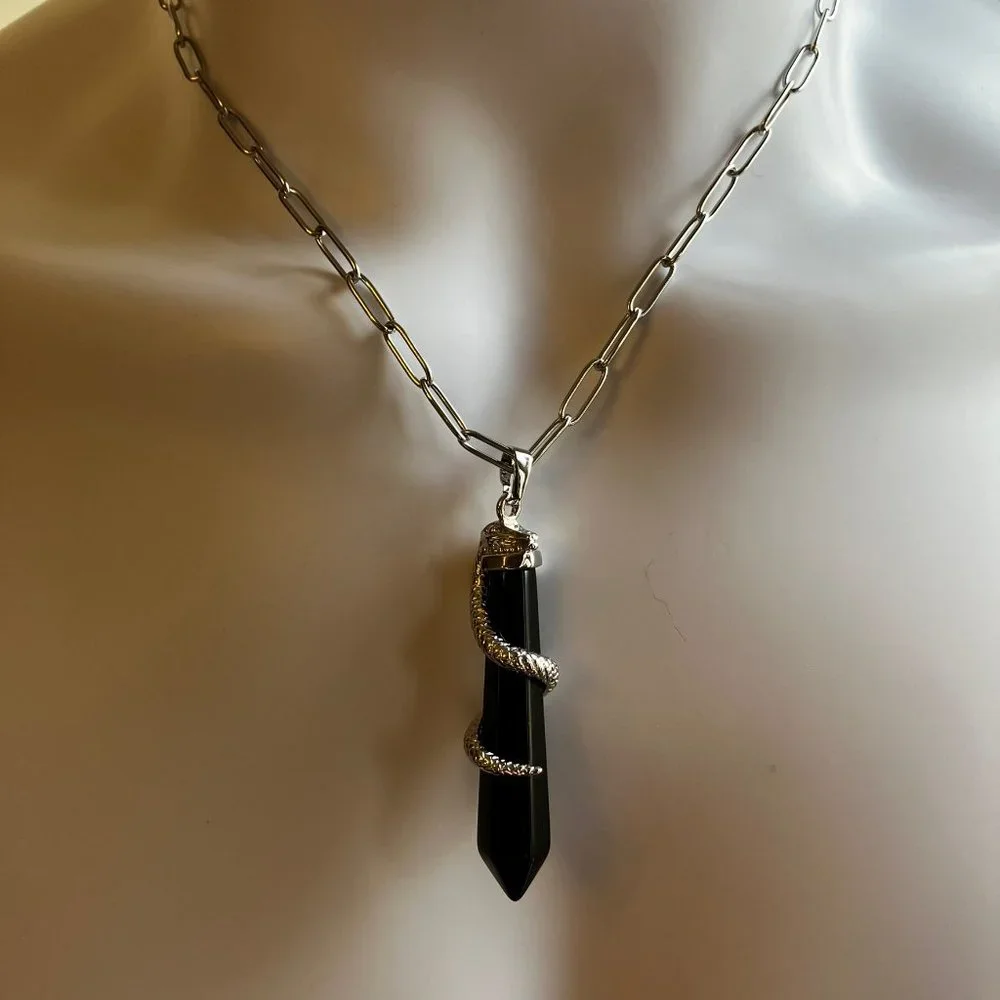 Obsidian Pointed Bullet Pendant snake accent and Stainless Steel Chain